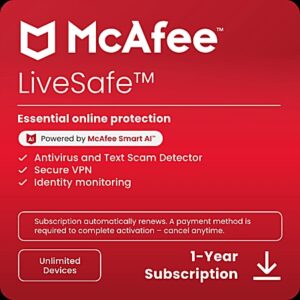 McAfee® LiveSafe Antivirus & Internet Security Software, For Unlimited Devices, 1-Year Subscription