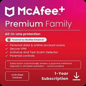 McAfee+ Premium Family Antivirus And Internet Security, Unlimited Devices, 1-Year with Auto-Renewal,