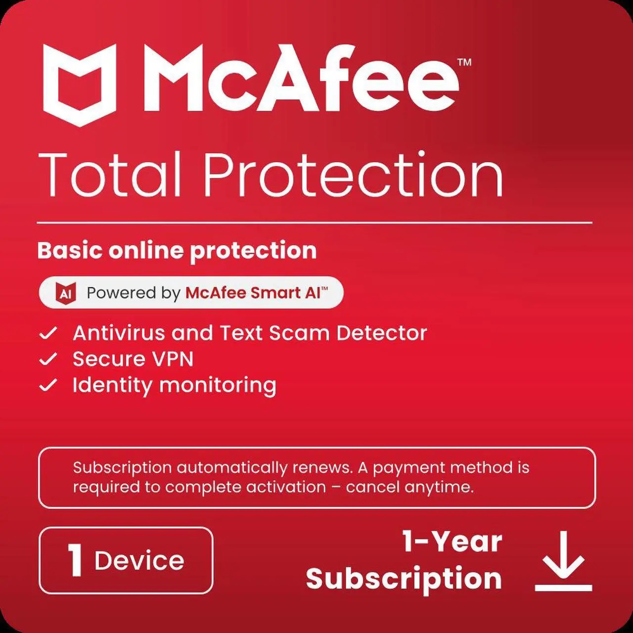 McAfee Total Protection Latest 2025 | 1 Device | Includes Antivirus, Scam Protection, Secure VPN | 1-Year Subscription